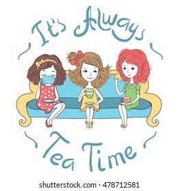 The tea party. Three cute girls sitting on sofa and drinking tea. Bachelorette party, conversation. Vector characters in romantic style.