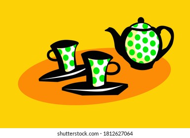Tea party. Time for tea. Graphic drawing of tea set. Vector drawing for prints or illustrations.