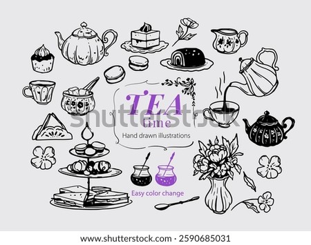 Tea party, tea time, teapot, cups, dessert, vector illustration set, hand drawn sketch, monochrome