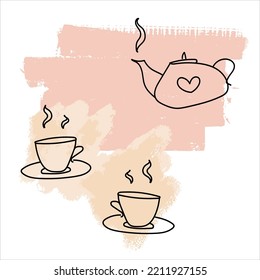 Una fiesta de té para dos personas, una tetera con un corazón y dos tazas en platillos, una pieza de vector sobre un fondo de manchas de pintura.