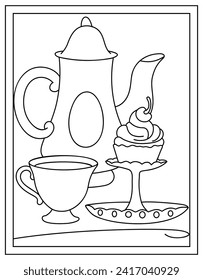 A tea party utensils in colouring page, line vector 