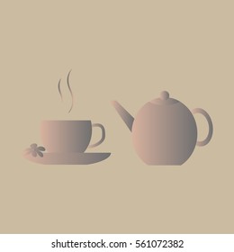 Tea party. Vector design of the teapot and cups on a beige background. Signboard cafe, postcard, banner, label. 