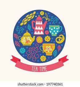 Tea party. Vector greeting card