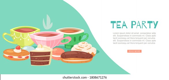 Tea party vector illustration. Cartoon flat web banner design with porcelain cup of hot fresh drink beverage, chocolate cake slice, eclair and sweet cream food dessert. Romantic gourmet lunch time