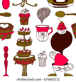 Tea party vector illustration with cups, sweets, bakery. Freehand drawing, sketch.