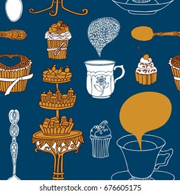 Tea party vector illustration with cups, sweets, bakery. Freehand drawing, sketch.