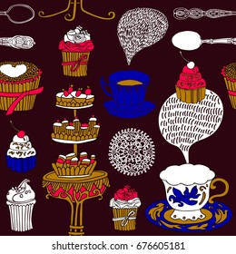 Tea party vector illustration with cups, sweets, bakery. Freehand drawing, sketch.