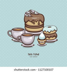Tea party vector illustration. Tasty chocolate Sweets.Desserts and cups hot cocoa. Cake, muffin and donuts isolated on turquoise background. Template for menu design and confectionery logo.