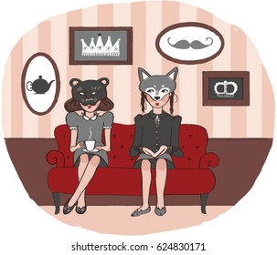 tea party vector illustration, two girls with masks drinking tea