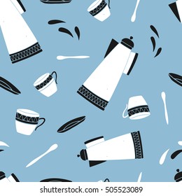 Tea party vector seamless pattern. Black and white cups, teapots, spoons and saucers on blue background. Tea time vector set. Hand drawn flat illustration for your design.