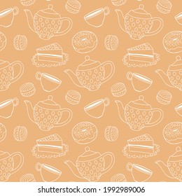 Tea party. Vector seamless patterns of cups, teapot, baked goods, sweets. suitable for advertising, packaging, backdrops, invitation designs, postcards, DIY projects