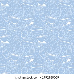 Tea party. Vector seamless patterns of cups, teapot, baked goods, sweets. suitable for advertising, packaging, backdrops, invitation designs, postcards, DIY projects