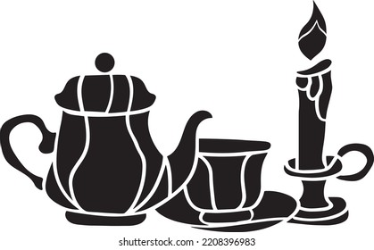 Tea Party Vector Stencil, Black and White