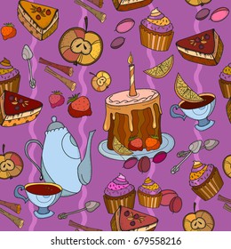 Tea party vintage hand drawn seamless background. Time for tea vector Tea and sweets, cupcakes seamless pattern