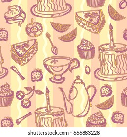 Tea party vintage seamless pattern with hand drawn tea. Teapot, teaspoon, sweet pie seamless pattern vector