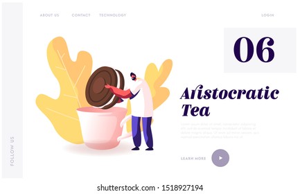 Tea Party Website Landing Page. Man Dunking Chocolate Cookie with Cream to Cup with Hot Drink. Tiny Male Character Holding Huge Bakery, Giant Dessert Web Page Banner. Cartoon Flat Vector Illustration
