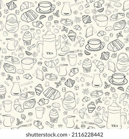 tea and pastries seamless pattern. Sketch,  tea items and sweets.