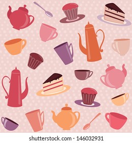 Tea pattern with cups, teapots and cakes