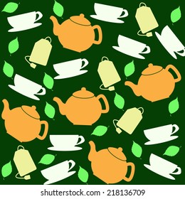 Tea pattern of cups and teapots  in different colors on white background in square format suitable for wallpaper and fabric, vector illustration