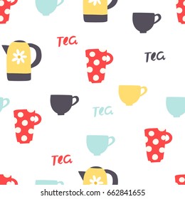 Tea Pattern of kettle, cups and inscription, seamless vector