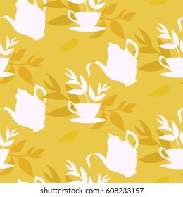 Tea pattern with leaves and cup and teapot