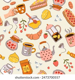 Tea pattern lemon sugar cakes tasty products for tea time vector seamless background