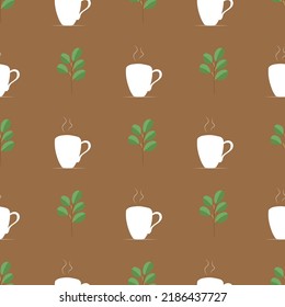 Tea pattern template leaves cups sketch classic repeating. Vector Illustration.
