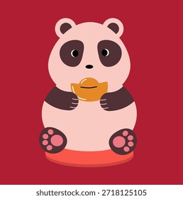 Mascota de té sobre fondo rojo Ilustración vectorial. Lindo panda sosteniendo un lingote dorado. Elemento de la tradición de la ceremonia del té. Símbolo de la buena suerte. 