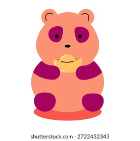 Ilustración vectorial de mascota de té. Lindo panda sosteniendo un lingote dorado. Elemento de la tradición de la ceremonia del té. Símbolo de la buena suerte. 
