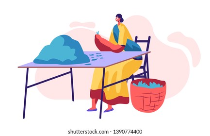 Tea Picker Female Character in Traditional Indian Dress Sorting Fresh Green Leaves of Tea and Put to Basket at Plantation. Woman Worker Job Occupation, Agriculture. Cartoon Flat Vector Illustration