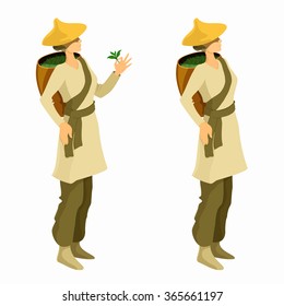 Tea picker woman cartoon illustration. Asian tea farmer vector isolated  image.