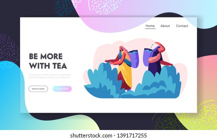 Tea Pickers Website Landing Page, Girls in Traditional Indian Dress Collecting Fresh Tea Leaves into Basket. Women Workers Job Summertime Occupation. Web Page. Cartoon Flat Vector Illustration, Banner