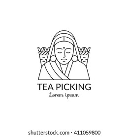 Tea picking logotype.Plantation worker.  Indian woman with wicker basket which full of freshly picked tea leaves. Vector black and white illustration. Simple linear design.