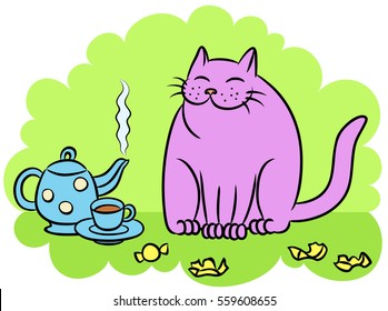 tea with the pink cat vector illustration