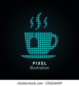 Tea - pixel icon. Vector Illustration. Design logo element. Isolated on black background. It is easy to change to any color.