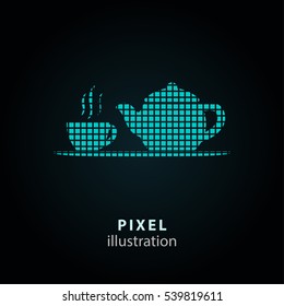 Tea - pixel icon. Vector Illustration. Design logo element. Isolated on black background. It is easy to change to any color.