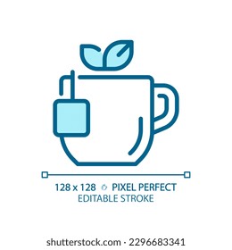 Tea pixel perfect blue RGB color icon. Comforting hot drink. Warm beverage. English breakfast. Herbal infusion. Isolated vector illustration. Simple filled line drawing. Editable stroke