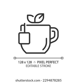 Icono lineal perfecto del píxel de té. Cómoda bebida caliente. Bebida caliente. Desayuno inglés. Perfusión de hierbas. Ilustración de línea delgada. Símbolo de contorno. Dibujo del contorno del vector. Trazo editable