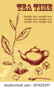Tea plant set. Hand drawn. Vintage background. Tea time  invitation or announcement.
