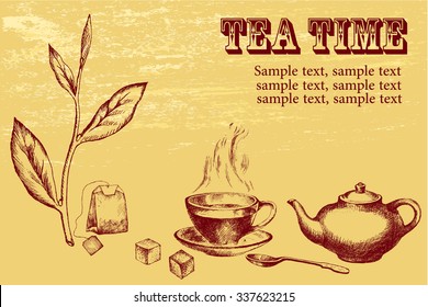 Tea plant set. Hand drawn. Vintage background. Tea time  invitation or announcement.