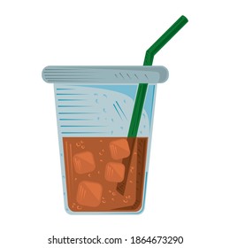 tea plastic cup with straw and ice cubes icon vector illustration