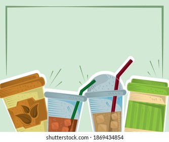 tea plastic disposable cups with ice and straw card vector illustration