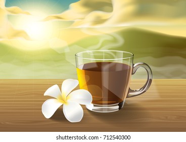 tea and plumeria on wooden table on the morning
