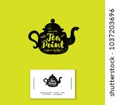 Tea point logo. Tea bar emblem. Internet shop. Teapot or kettle and letters on a bright background.