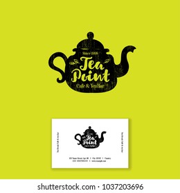 Tea point logo. Tea bar emblem. Internet shop. Teapot or kettle and letters on a bright background.