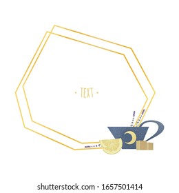 Tea polygon gold frame with cup or mug, lemons slice, brown sugar, lavender isolated on white background. Template for print, poster and card making. Flat. Vector hand drawn illustration
