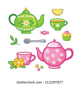 Tea porcelain service. Set of teapots in cartoon style with flowers and cakes.