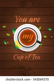 Tea poster. Cup of tea with lemon. Wooden background. Vector illustration