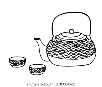 Tea pot with 2 tea cups in chinese style. Hand drawn outline element. Vector isolated on white background.