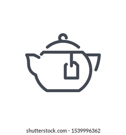 Tea pot with bag of tea line icon. Porcelain tea pot vector outline sign.